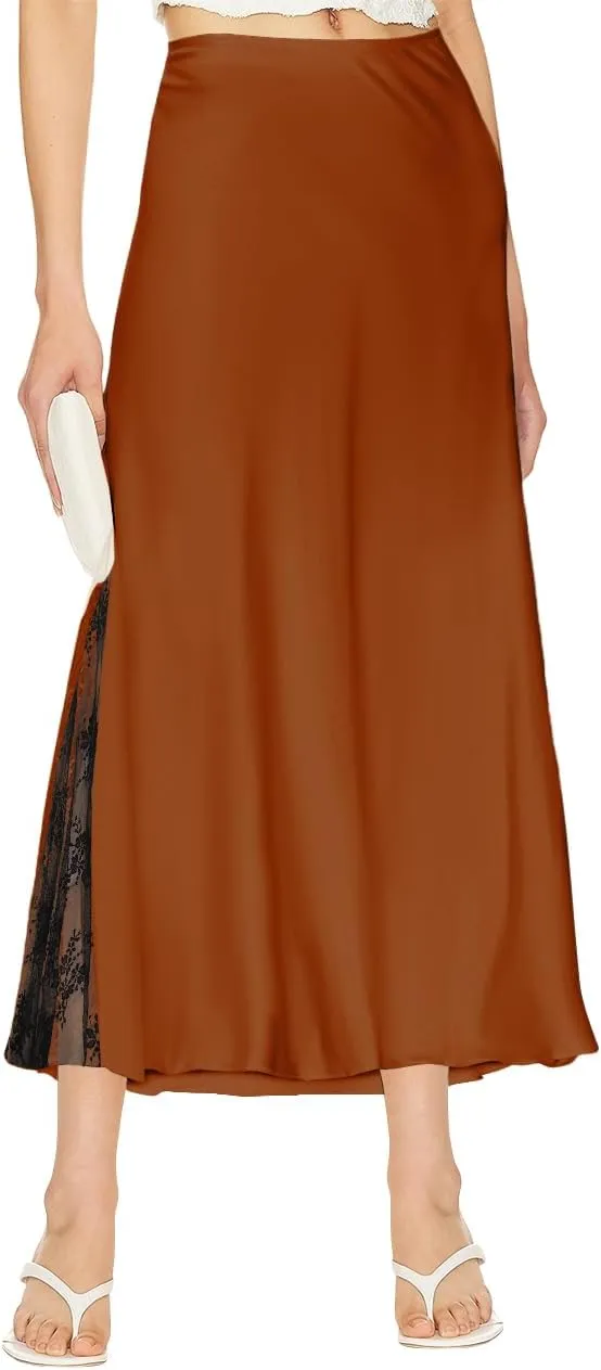 Pasgreson Women's Satin Midi Skirt Low Waisted Side Lace A Line Long Skirts Silk Flowy Elegant Work Party Skirts