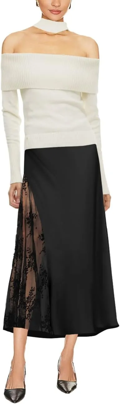 Pasgreson Women's Satin Midi Skirt Low Waisted Side Lace A Line Long Skirts Silk Flowy Elegant Work Party Skirts