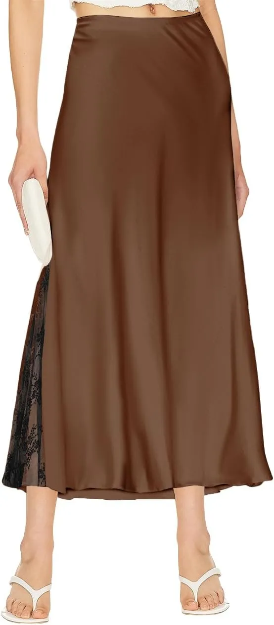 Pasgreson Women's Satin Midi Skirt Low Waisted Side Lace A Line Long Skirts Silk Flowy Elegant Work Party Skirts