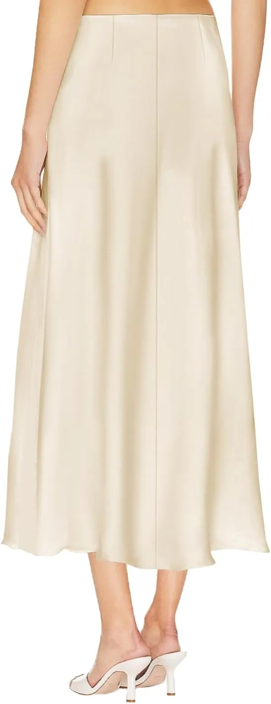 Pasgreson Women's Satin Midi Skirt Low Waisted Side Lace A Line Long Skirts Silk Flowy Elegant Work Party Skirts