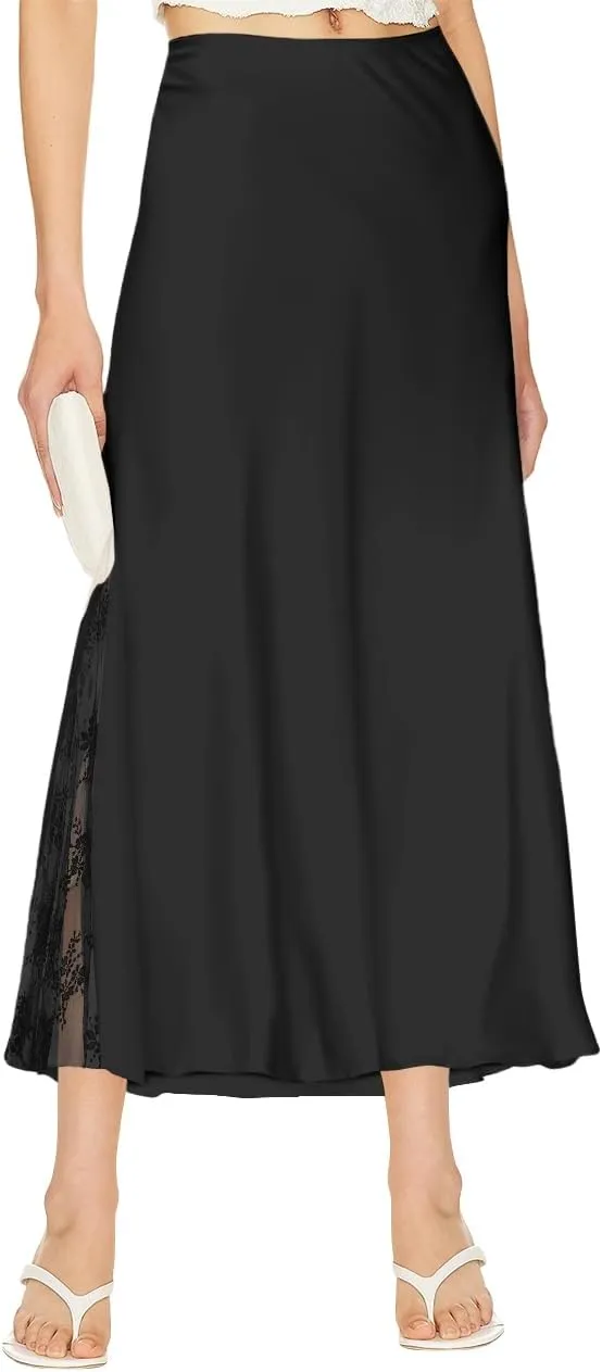 Pasgreson Women's Satin Midi Skirt Low Waisted Side Lace A Line Long Skirts Silk Flowy Elegant Work Party Skirts