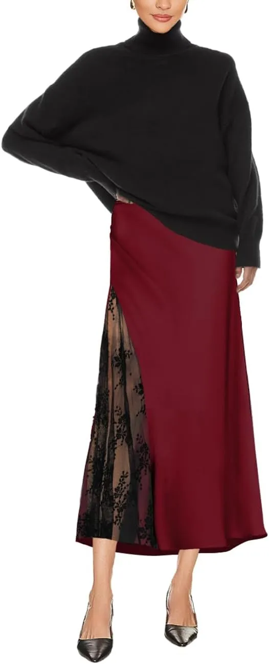 Pasgreson Women's Satin Midi Skirt Low Waisted Side Lace A Line Long Skirts Silk Flowy Elegant Work Party Skirts