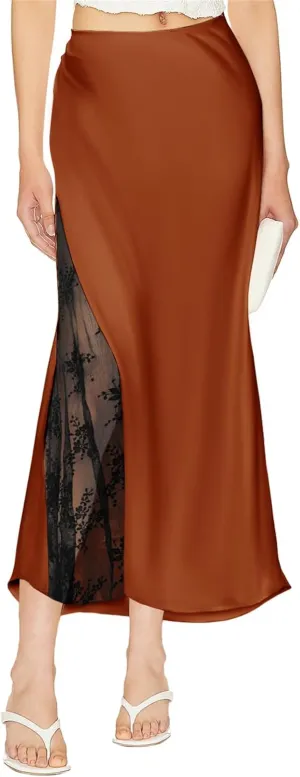 Pasgreson Women's Satin Midi Skirt Low Waisted Side Lace A Line Long Skirts Silk Flowy Elegant Work Party Skirts