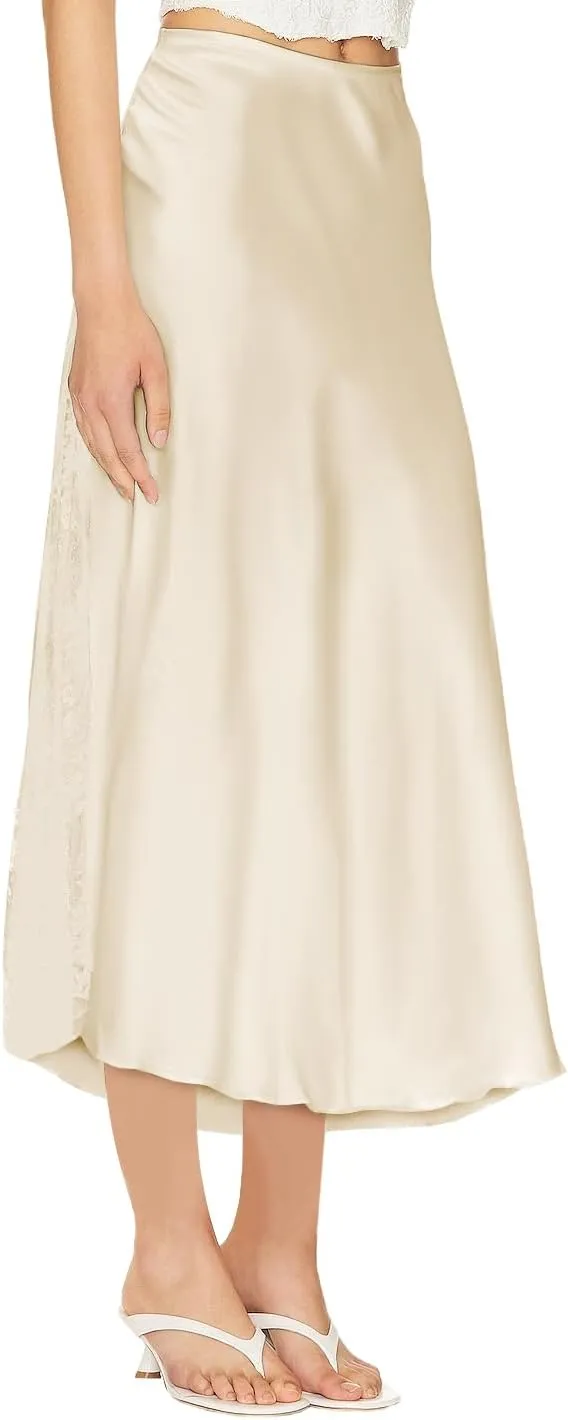 Pasgreson Women's Satin Midi Skirt Low Waisted Side Lace A Line Long Skirts Silk Flowy Elegant Work Party Skirts