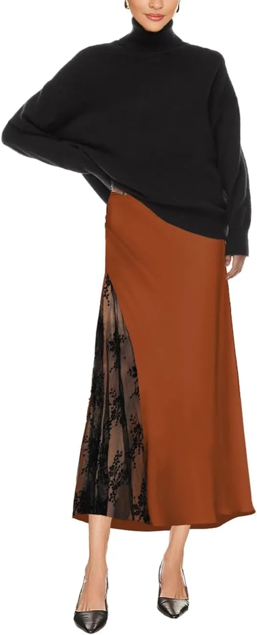 Pasgreson Women's Satin Midi Skirt Low Waisted Side Lace A Line Long Skirts Silk Flowy Elegant Work Party Skirts