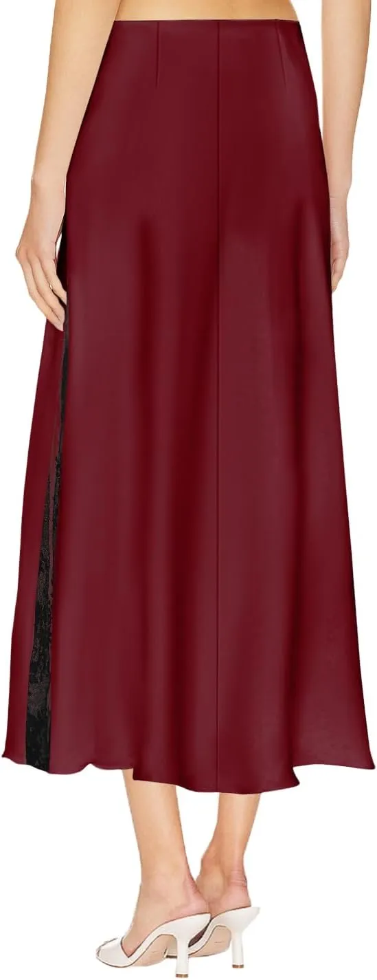 Pasgreson Women's Satin Midi Skirt Low Waisted Side Lace A Line Long Skirts Silk Flowy Elegant Work Party Skirts