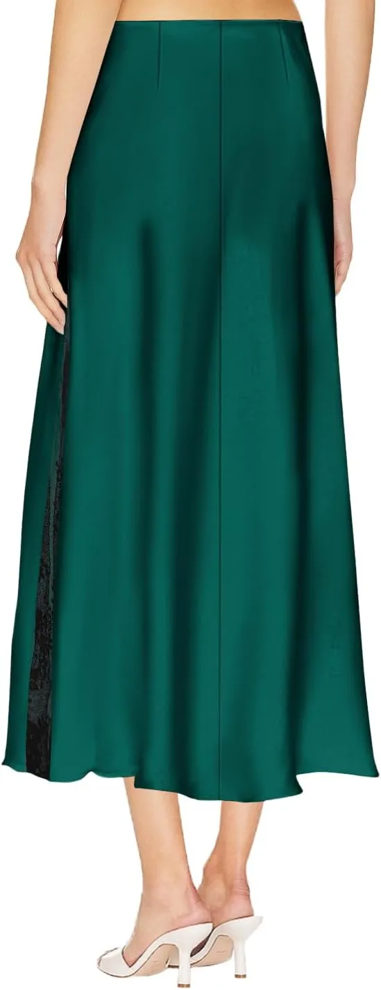 Pasgreson Women's Satin Midi Skirt Low Waisted Side Lace A Line Long Skirts Silk Flowy Elegant Work Party Skirts