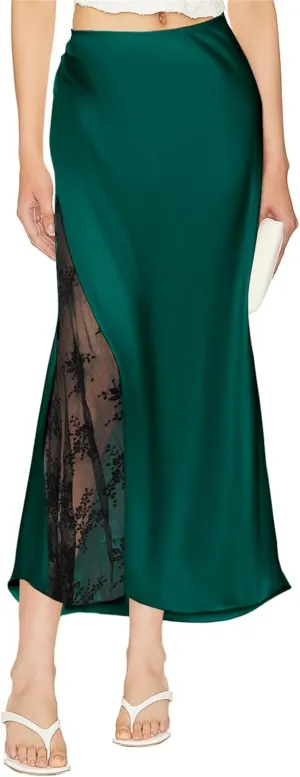 Pasgreson Women's Satin Midi Skirt Low Waisted Side Lace A Line Long Skirts Silk Flowy Elegant Work Party Skirts