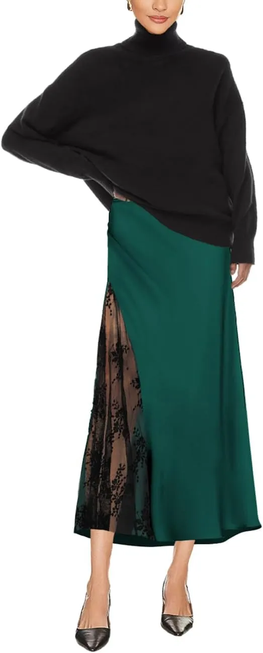 Pasgreson Women's Satin Midi Skirt Low Waisted Side Lace A Line Long Skirts Silk Flowy Elegant Work Party Skirts