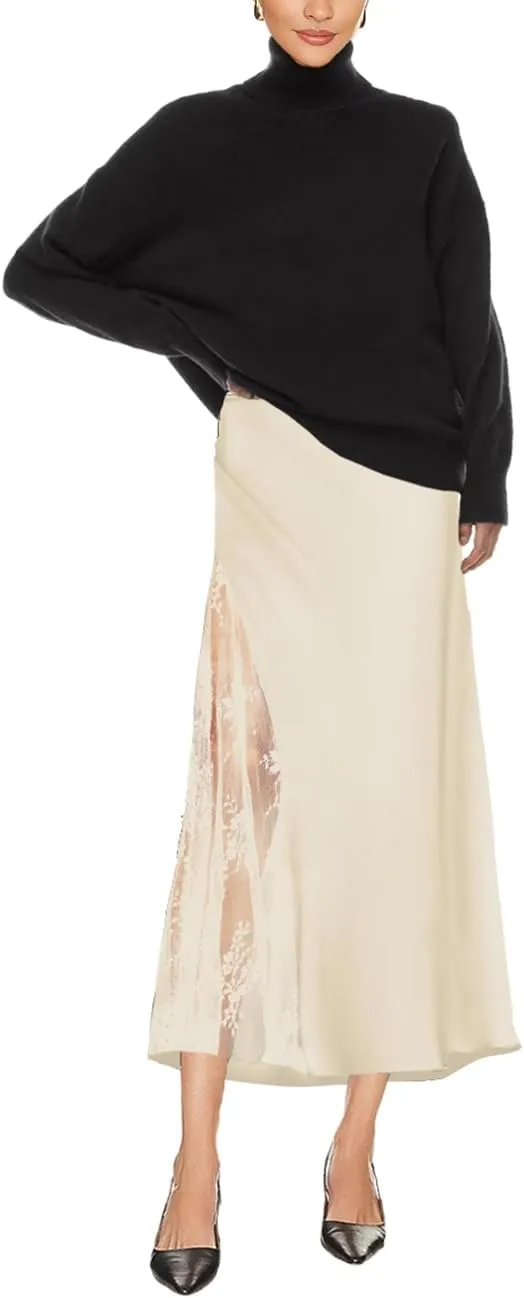 Pasgreson Women's Satin Midi Skirt Low Waisted Side Lace A Line Long Skirts Silk Flowy Elegant Work Party Skirts