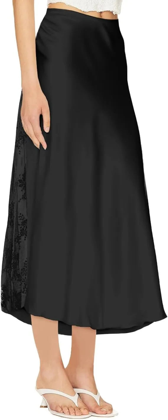 Pasgreson Women's Satin Midi Skirt Low Waisted Side Lace A Line Long Skirts Silk Flowy Elegant Work Party Skirts