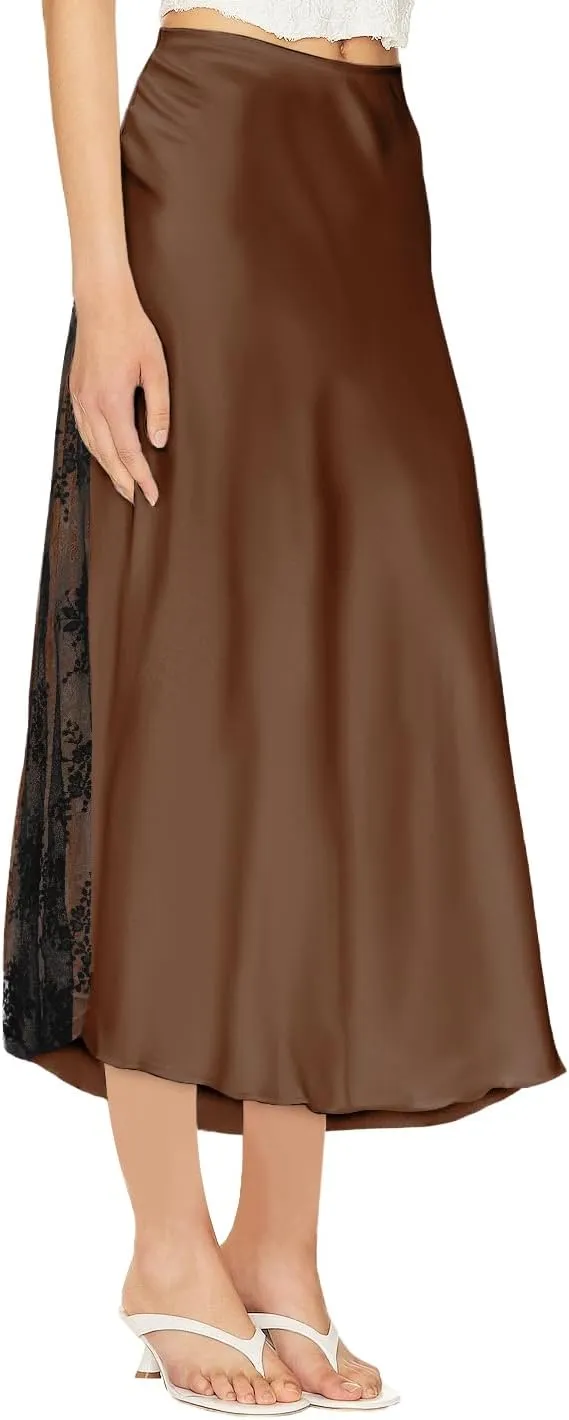 Pasgreson Women's Satin Midi Skirt Low Waisted Side Lace A Line Long Skirts Silk Flowy Elegant Work Party Skirts