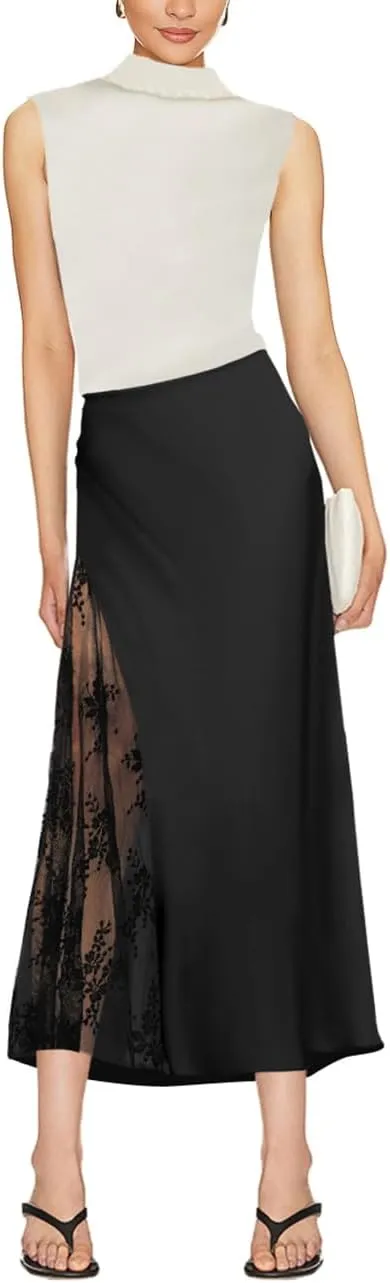 Pasgreson Women's Satin Midi Skirt Low Waisted Side Lace A Line Long Skirts Silk Flowy Elegant Work Party Skirts