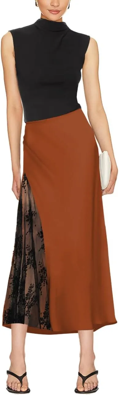 Pasgreson Women's Satin Midi Skirt Low Waisted Side Lace A Line Long Skirts Silk Flowy Elegant Work Party Skirts