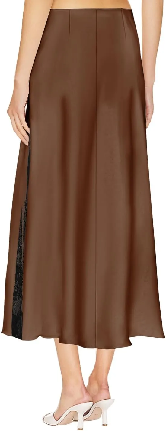 Pasgreson Women's Satin Midi Skirt Low Waisted Side Lace A Line Long Skirts Silk Flowy Elegant Work Party Skirts
