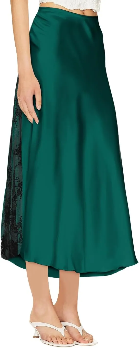 Pasgreson Women's Satin Midi Skirt Low Waisted Side Lace A Line Long Skirts Silk Flowy Elegant Work Party Skirts