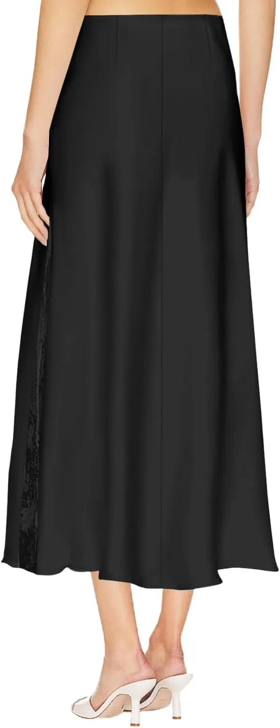 Pasgreson Women's Satin Midi Skirt Low Waisted Side Lace A Line Long Skirts Silk Flowy Elegant Work Party Skirts