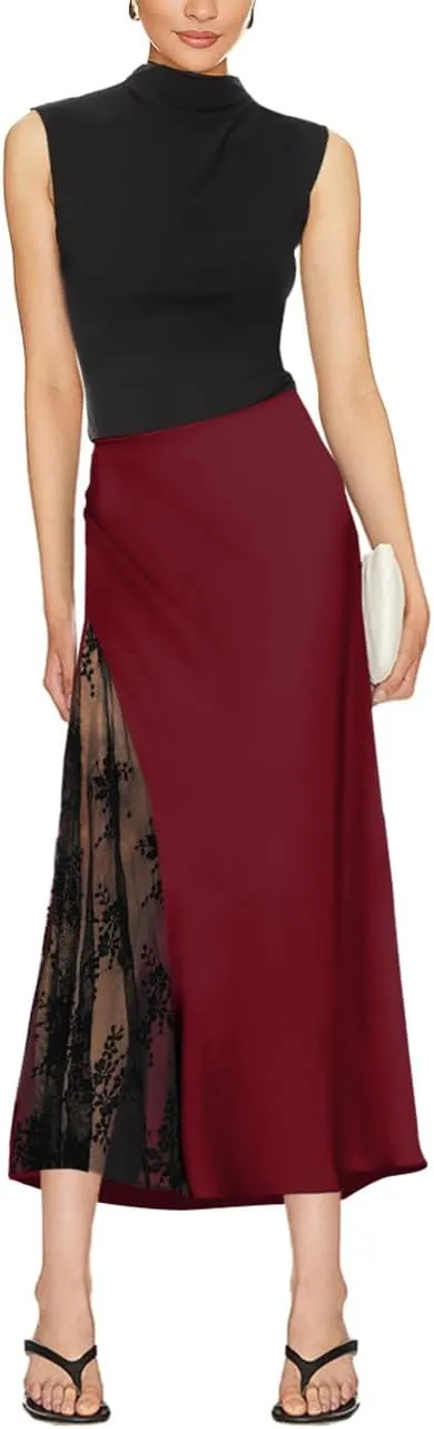 Pasgreson Women's Satin Midi Skirt Low Waisted Side Lace A Line Long Skirts Silk Flowy Elegant Work Party Skirts