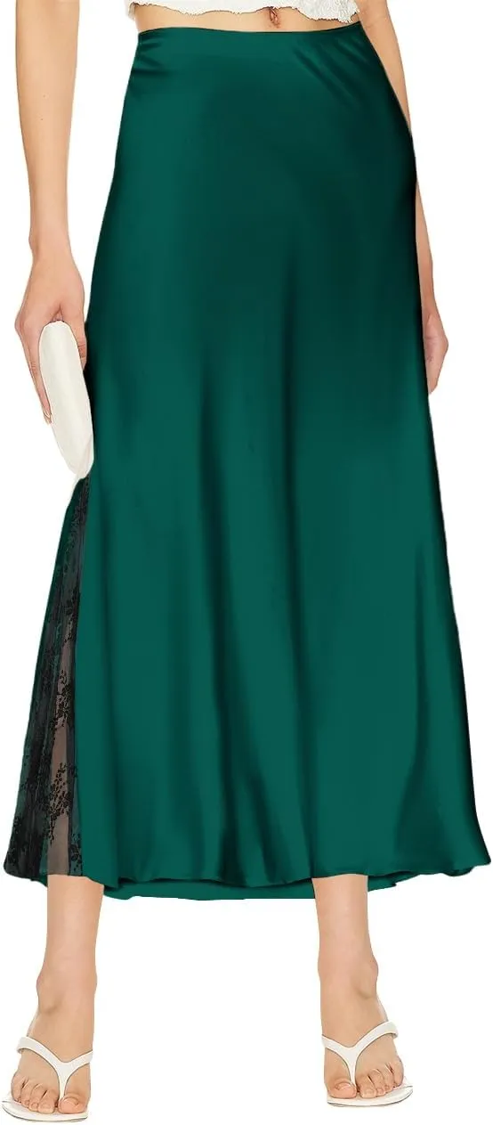 Pasgreson Women's Satin Midi Skirt Low Waisted Side Lace A Line Long Skirts Silk Flowy Elegant Work Party Skirts