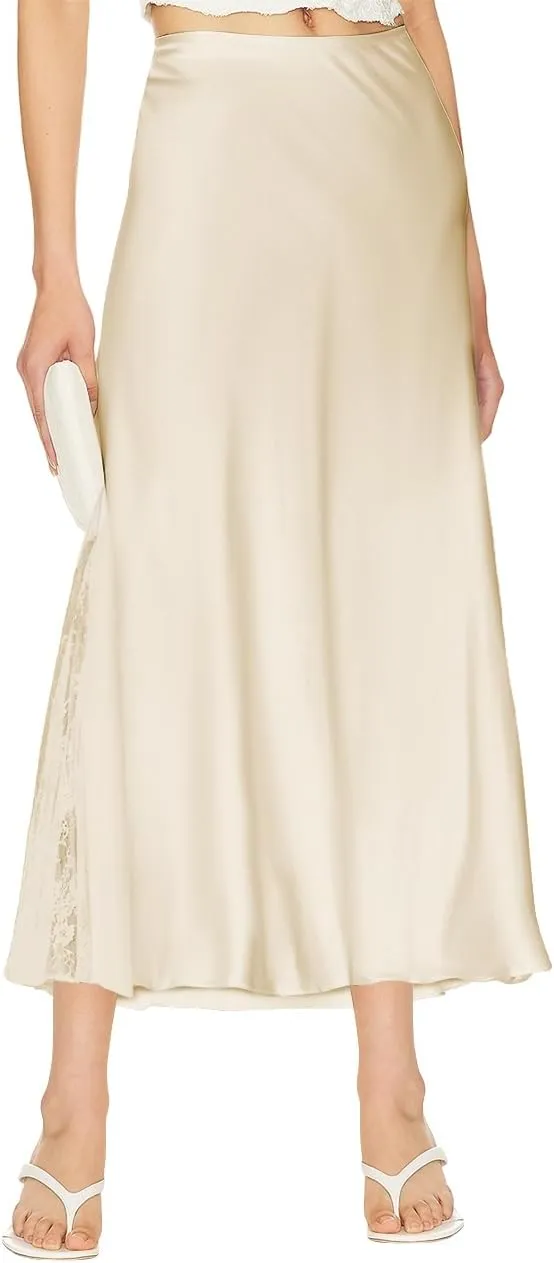 Pasgreson Women's Satin Midi Skirt Low Waisted Side Lace A Line Long Skirts Silk Flowy Elegant Work Party Skirts