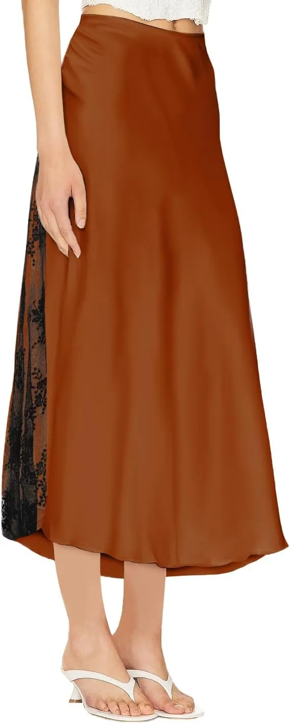 Pasgreson Women's Satin Midi Skirt Low Waisted Side Lace A Line Long Skirts Silk Flowy Elegant Work Party Skirts