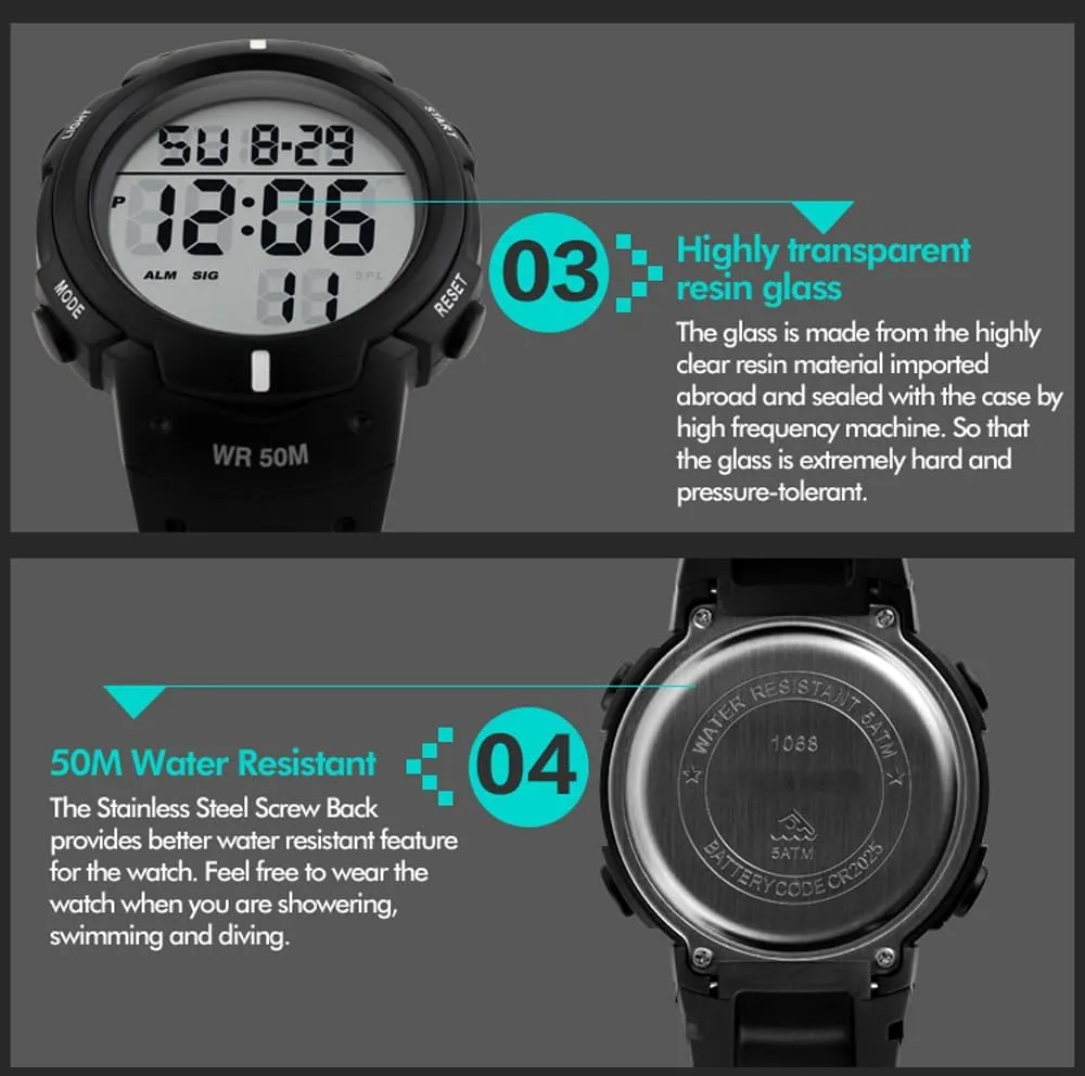 PASOY Mens Women Digital Watch Big Dial Light LED Swim Waterproof Rubber Band Alarm Black LED Watches 50MM