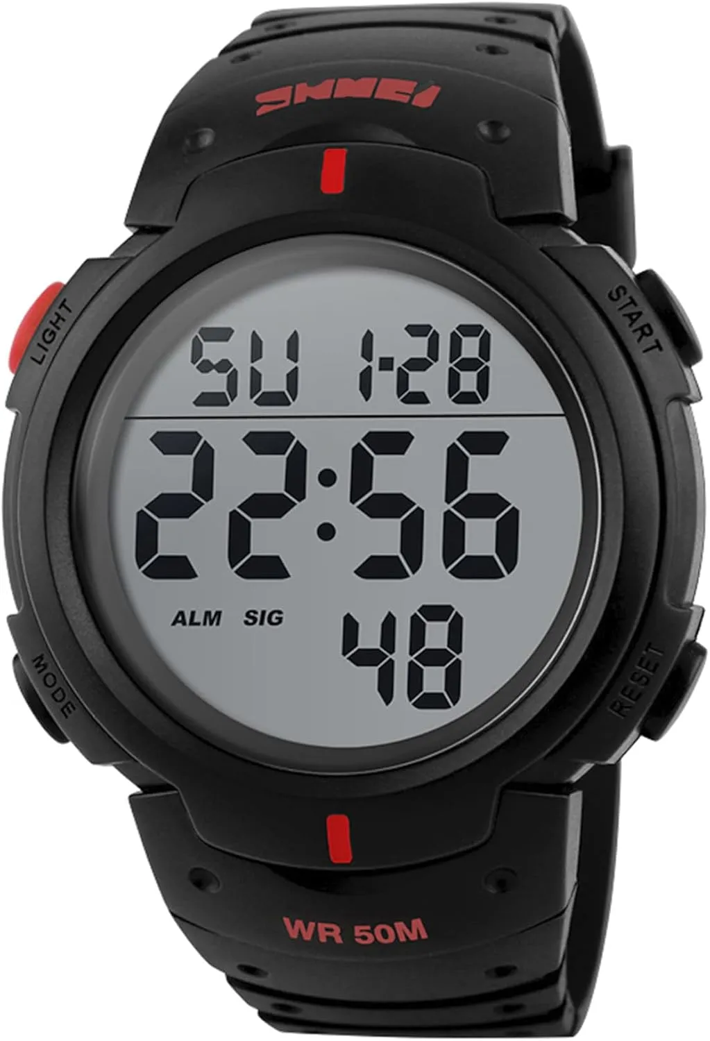 PASOY Mens Women Digital Watch Big Dial Light LED Swim Waterproof Rubber Band Alarm Black LED Watches 50MM
