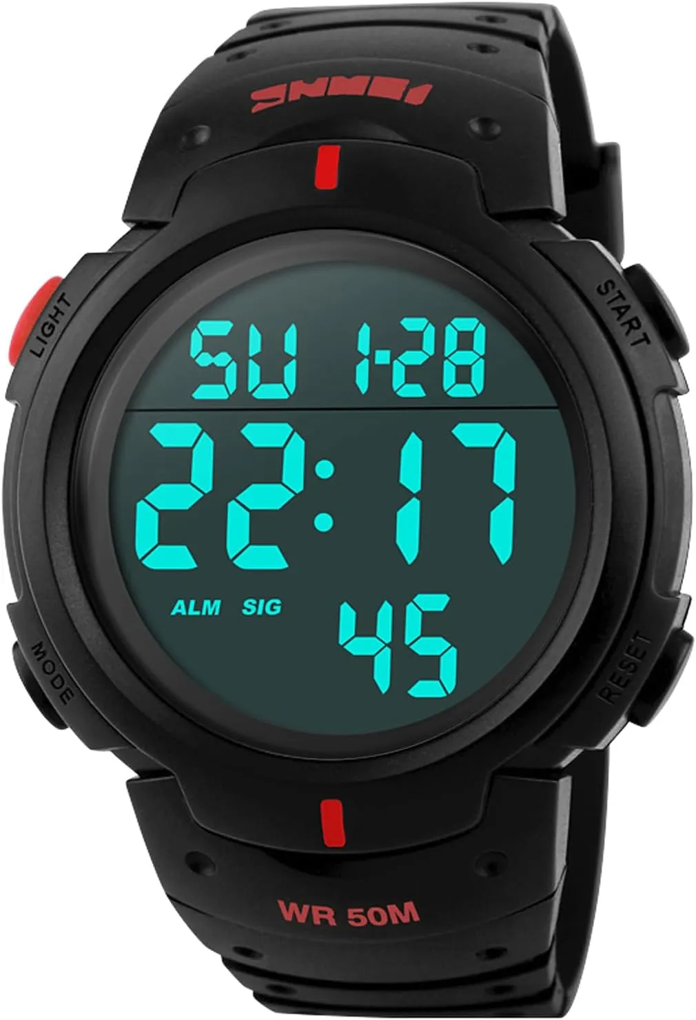 PASOY Mens Women Digital Watch Big Dial Light LED Swim Waterproof Rubber Band Alarm Black LED Watches 50MM