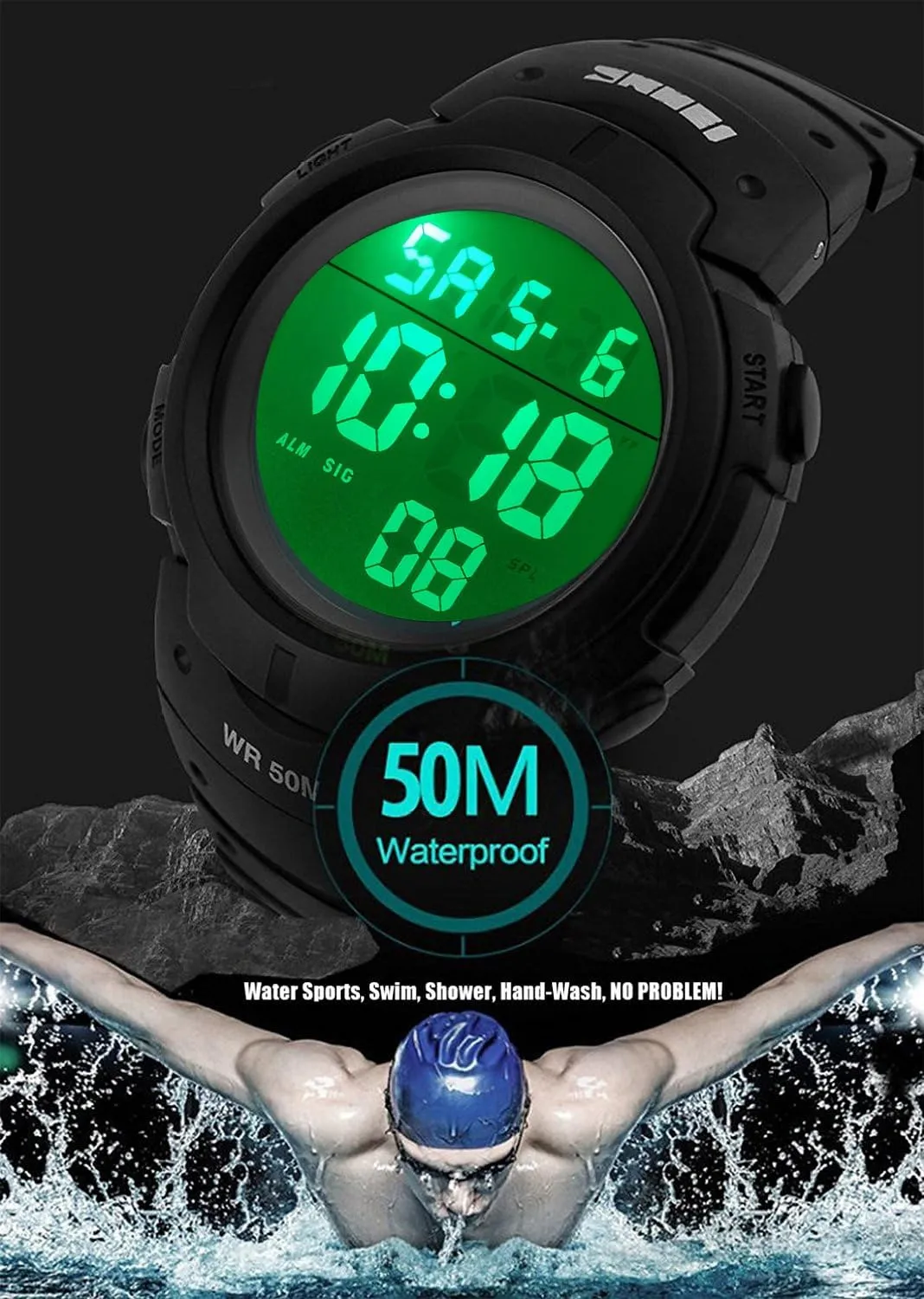 PASOY Mens Women Digital Watch Big Dial Light LED Swim Waterproof Rubber Band Alarm Black LED Watches 50MM