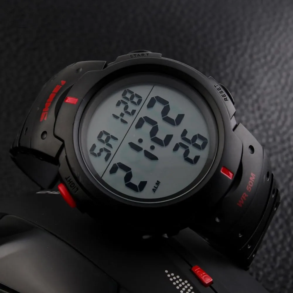 PASOY Mens Women Digital Watch Big Dial Light LED Swim Waterproof Rubber Band Alarm Black LED Watches 50MM