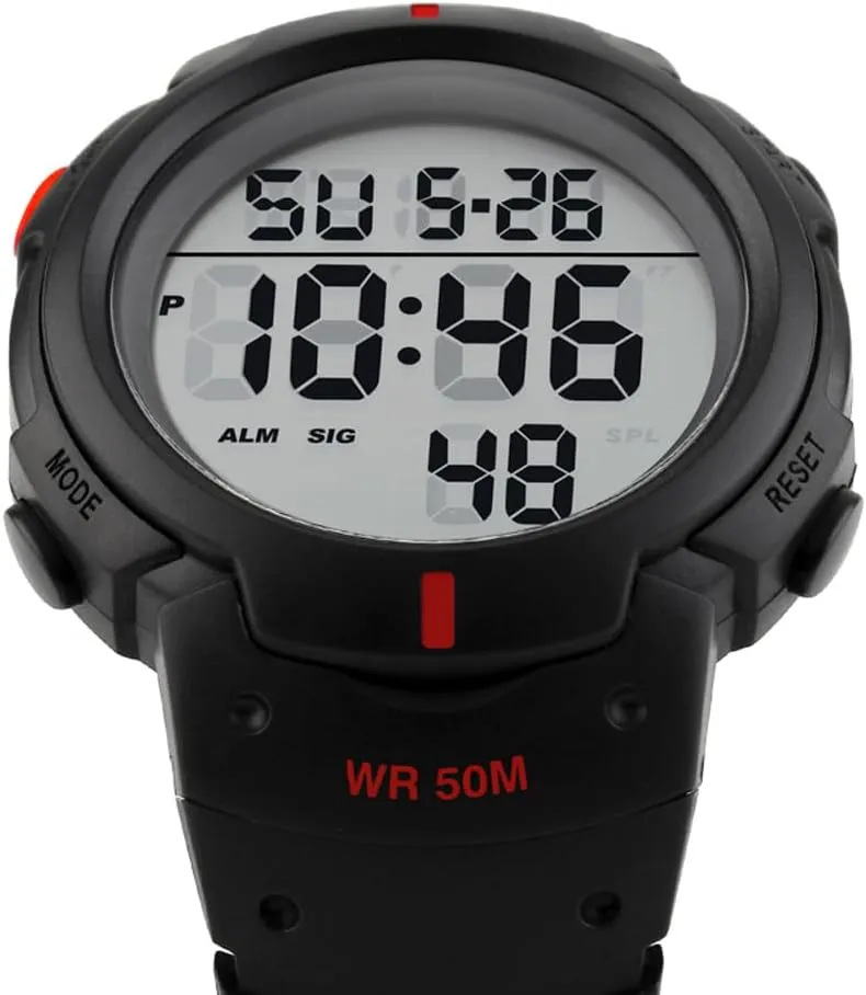 PASOY Mens Women Digital Watch Big Dial Light LED Swim Waterproof Rubber Band Alarm Black LED Watches 50MM