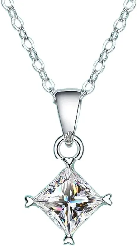 Princess Cut Necklace for Woman Wedding Jewely with s925 Sliver Plated White Gold Necklace-N01, 18-22 INCH, SILVER