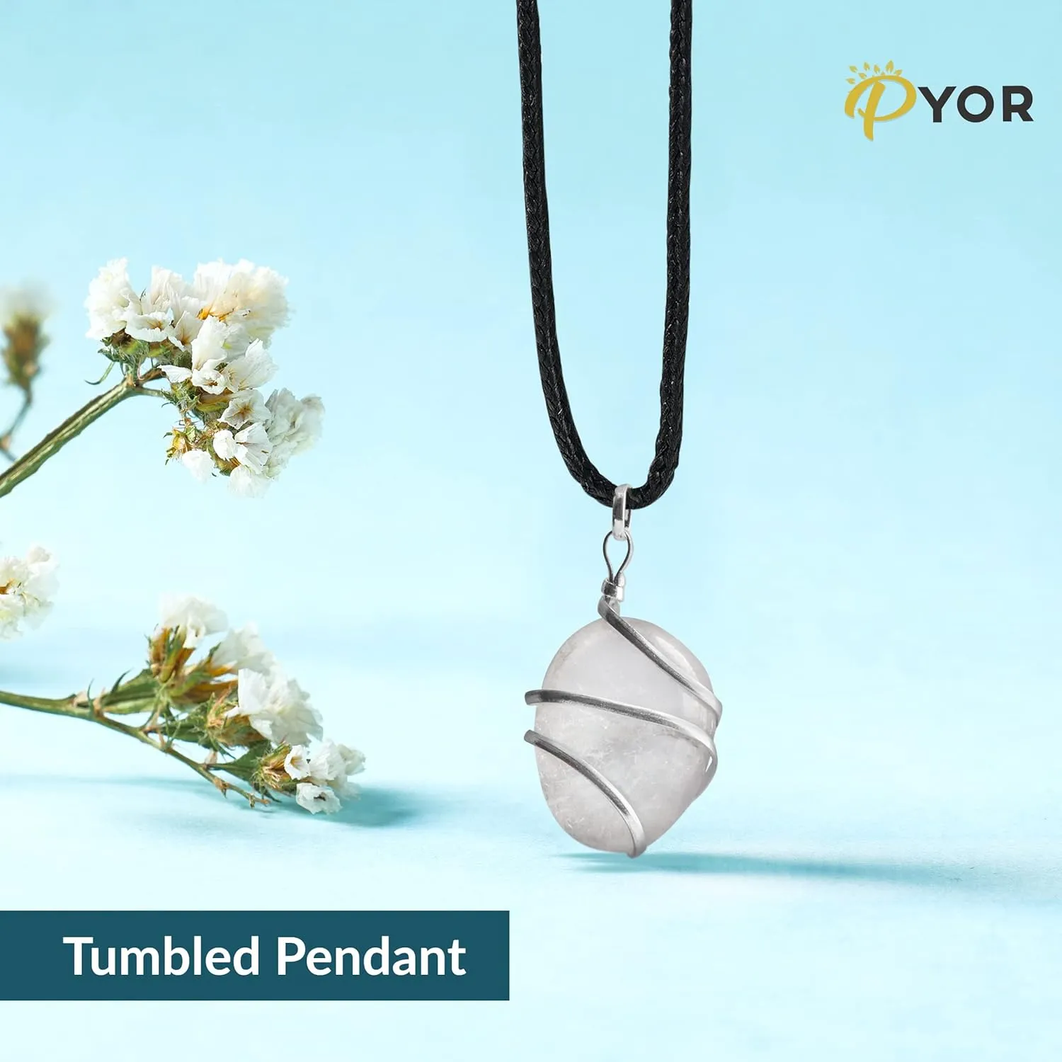 PYOR Clear Quartz Tumbled Gemstone Pendant Necklace For Women Men - Handmade Natural Crystal Stone Jewelry Good Luck Spiritual Gift Chakra Healing Pendants Reiki Gift On Silver Plated Chain Real Charm