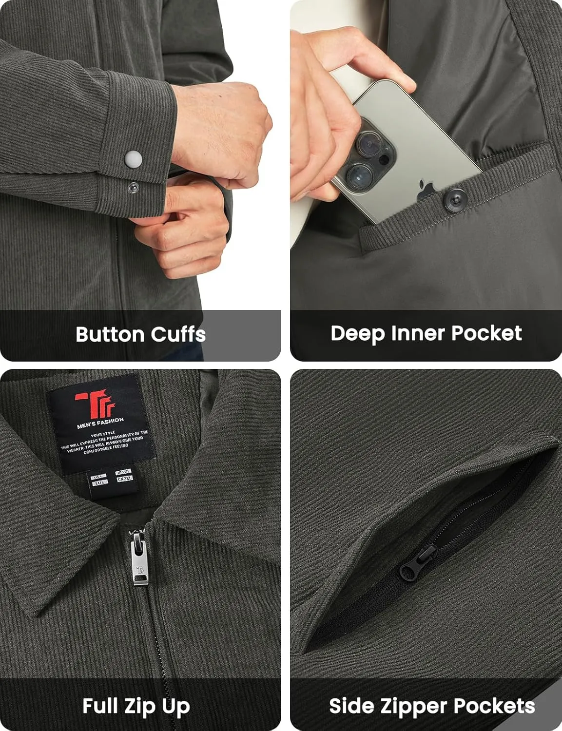 Rdruko Men's Corduroy Jacket Windbreaker Lightweight Casual Stylish Full Zip Bomber Jackets with Zipper Pockets