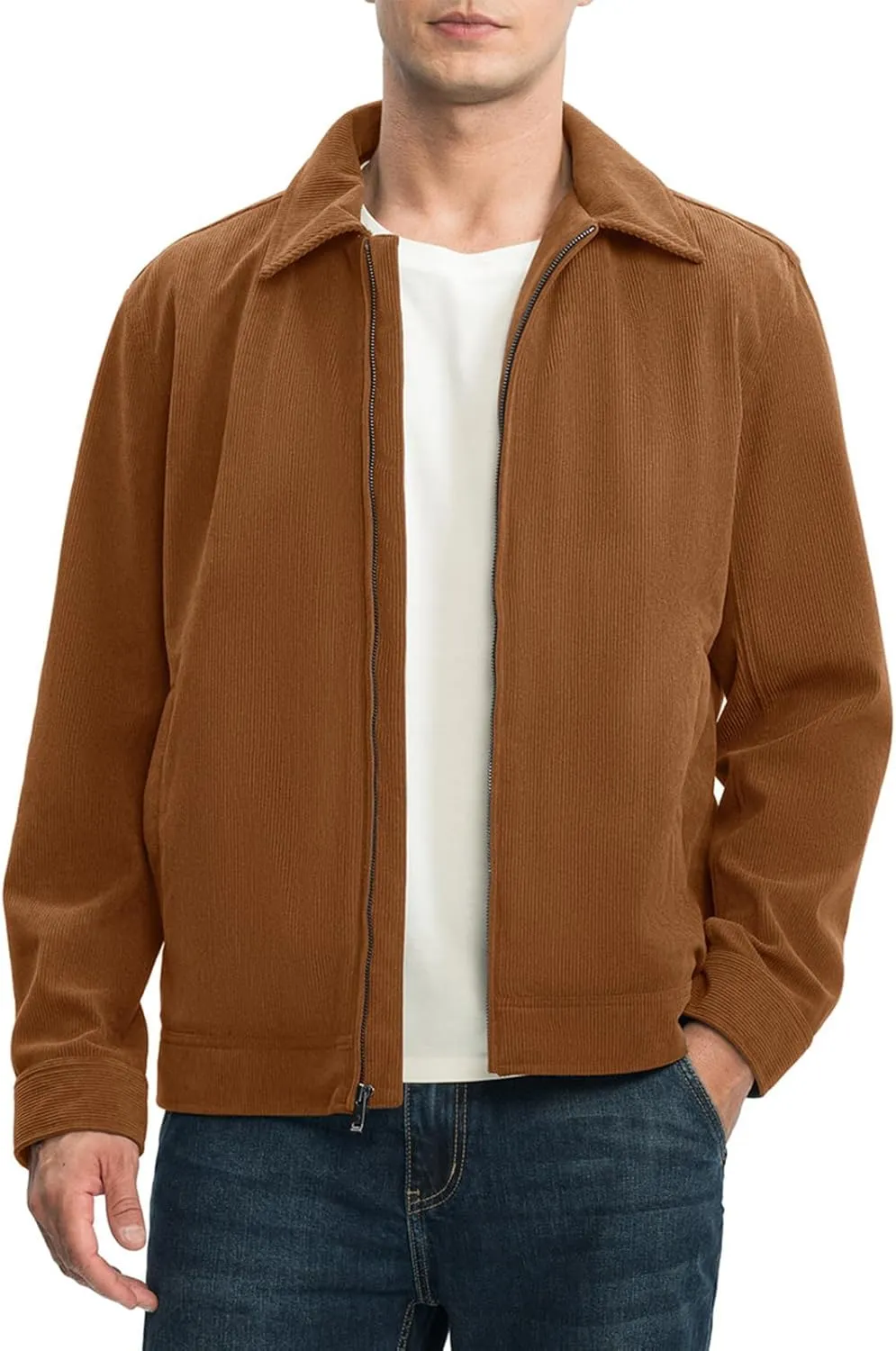 Rdruko Men's Corduroy Jacket Windbreaker Lightweight Casual Stylish Full Zip Bomber Jackets with Zipper Pockets