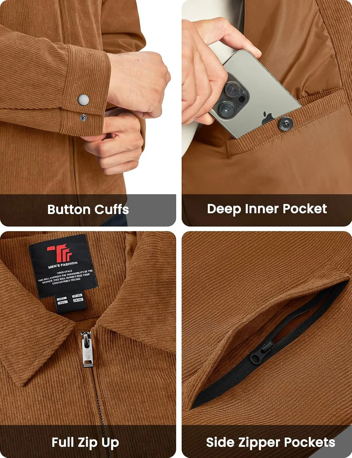 Rdruko Men's Corduroy Jacket Windbreaker Lightweight Casual Stylish Full Zip Bomber Jackets with Zipper Pockets
