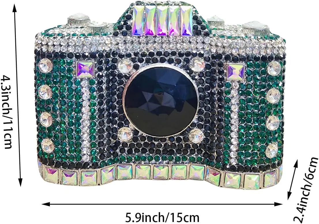 Retro Crystal Camera Shaped Clutch Purse for Women Twinkly Gemstones Evening Bag Glitter Bride Wedding Guest Handbag