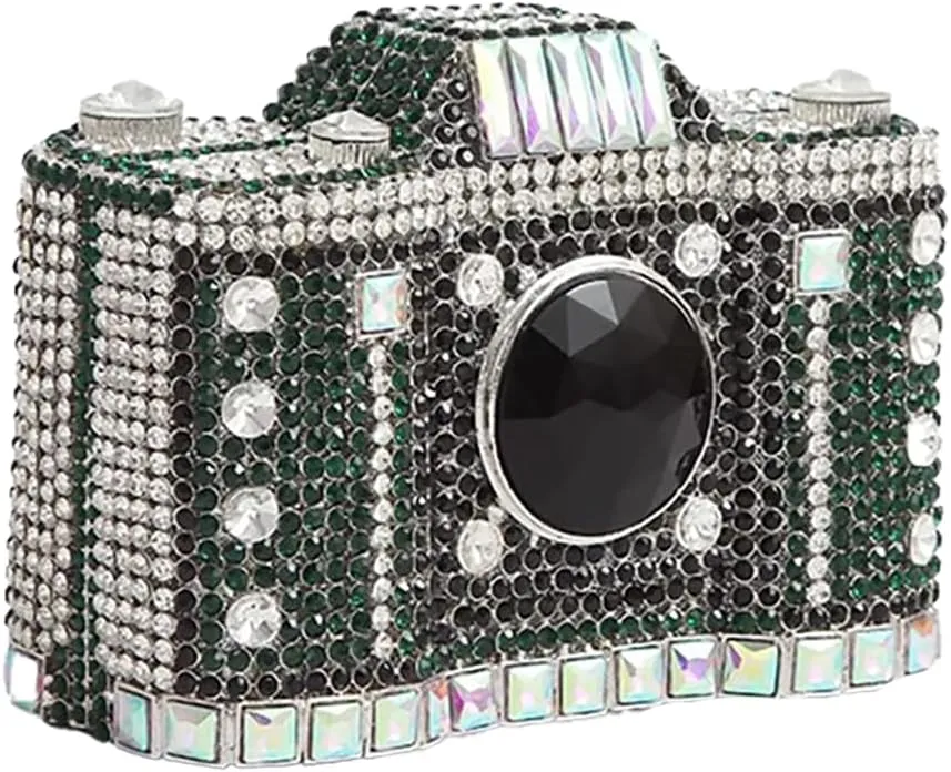 Retro Crystal Camera Shaped Clutch Purse for Women Twinkly Gemstones Evening Bag Glitter Bride Wedding Guest Handbag