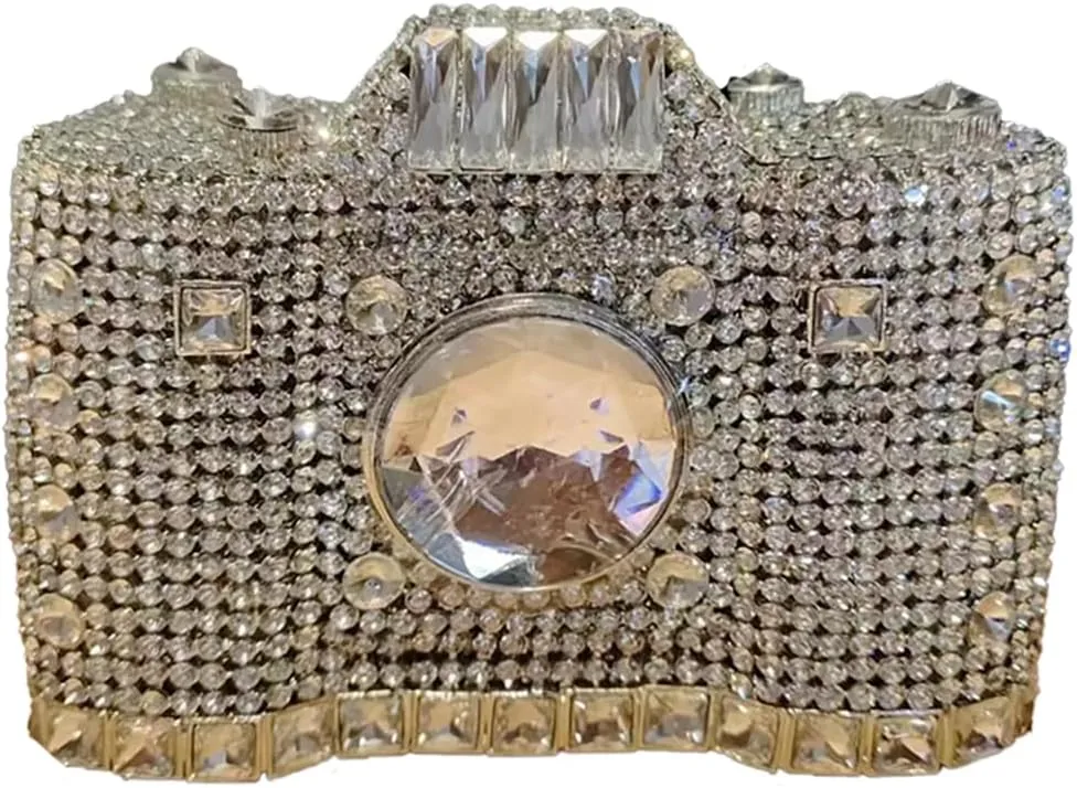 Retro Crystal Camera Shaped Clutch Purse for Women Twinkly Gemstones Evening Bag Glitter Bride Wedding Guest Handbag
