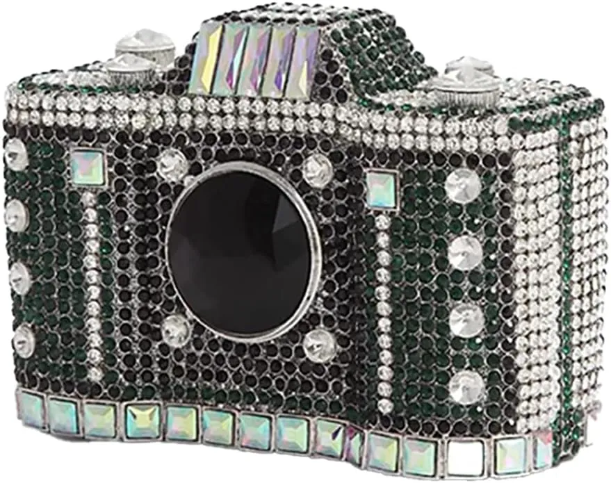 Retro Crystal Camera Shaped Clutch Purse for Women Twinkly Gemstones Evening Bag Glitter Bride Wedding Guest Handbag