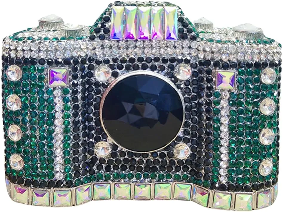 Retro Crystal Camera Shaped Clutch Purse for Women Twinkly Gemstones Evening Bag Glitter Bride Wedding Guest Handbag