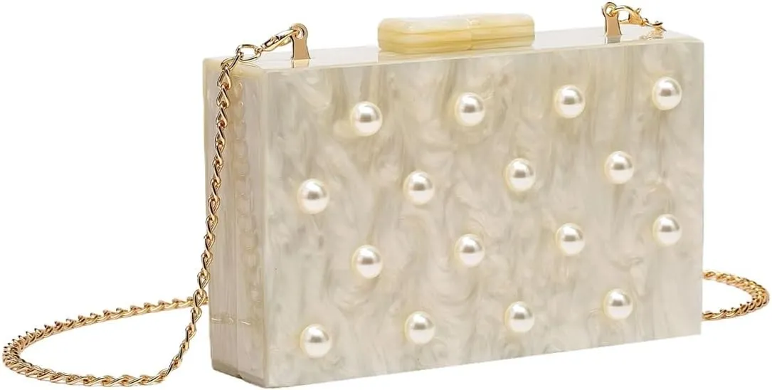 Retro Pearl Acrylic Evening Bag Fashion Square Marbling Handbag Wedding Engagement Party Clutch Purse for Women