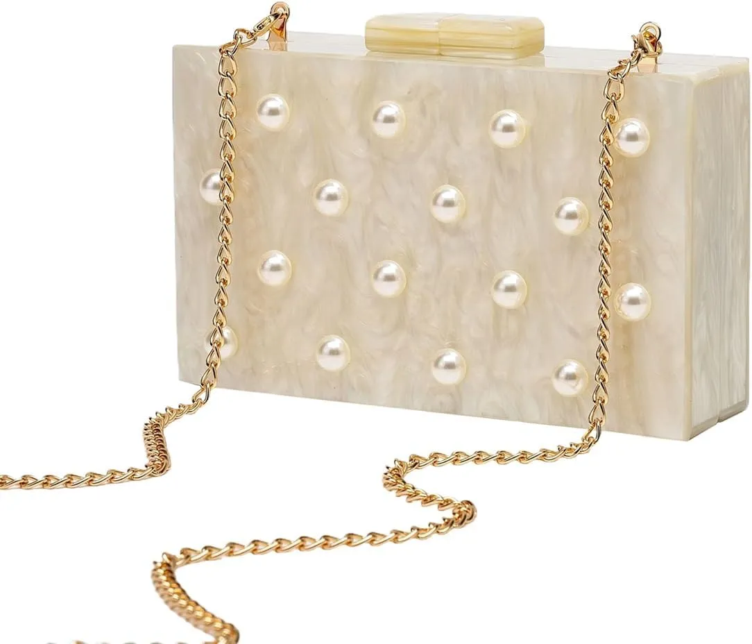 Retro Pearl Acrylic Evening Bag Fashion Square Marbling Handbag Wedding Engagement Party Clutch Purse for Women
