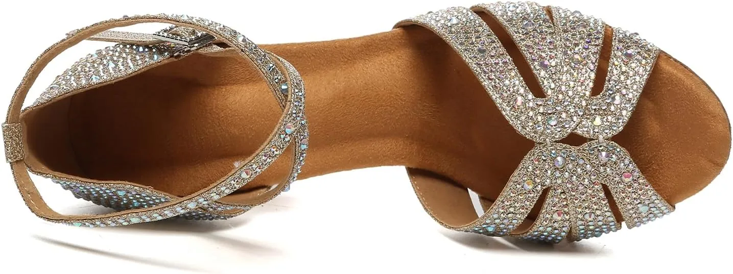 Rhinestones Latin Dance Shoes for Women Glitter Ballroom Salsa Tango Dancing Shoes High Heels