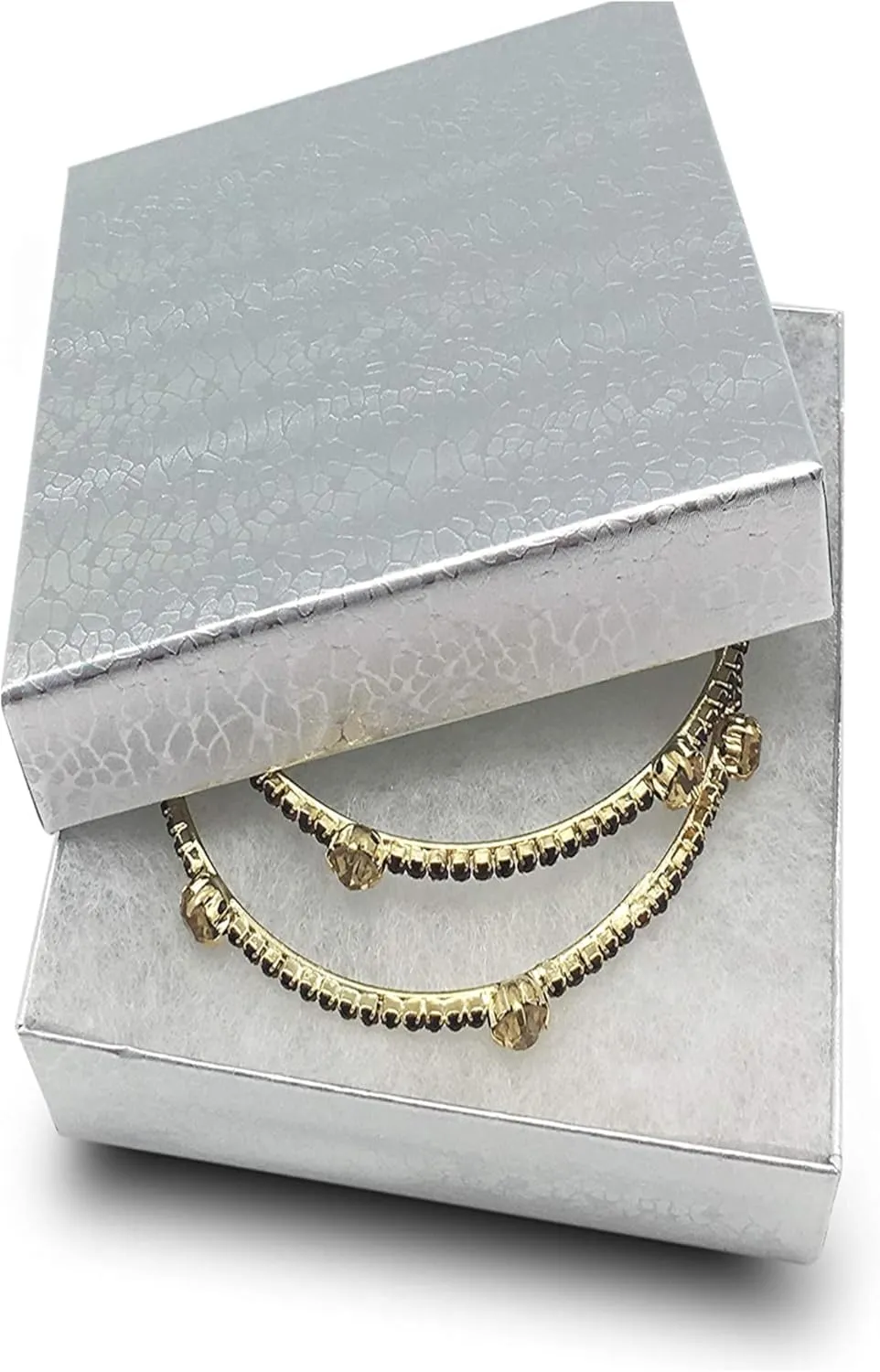 RJ Displays 10 Pack Silver Foil Color Paper Cotton Filled Jewelry Necklace Bracelets Watch gifts and Retail Boxes for Wedding, Anniversary, Engagement, Birthday and other occasions Size- 6" x 5" x 1"