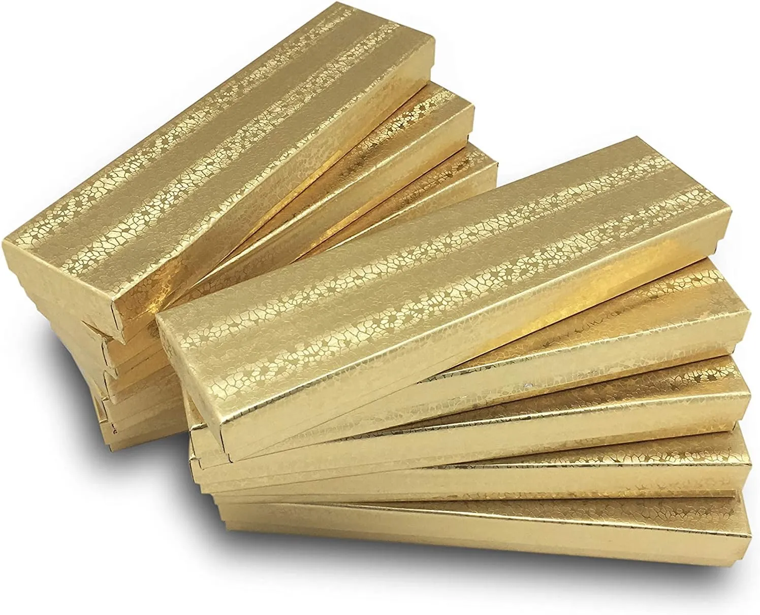 RJ Displays - 6 Pack Gold Foil Paper Cotton Filled Cardboard Watch, Necklace, Bracelet, Anklet Jewelry Gift box Size- (8.1" x 2,2" x 1")