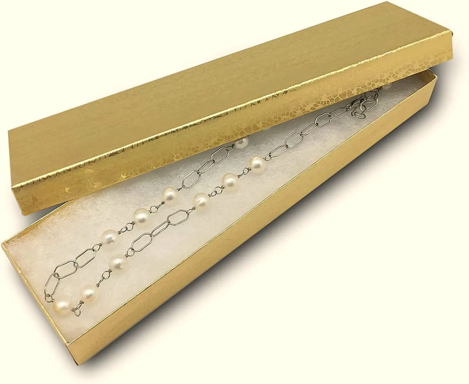 RJ Displays - 6 Pack Gold Foil Paper Cotton Filled Cardboard Watch, Necklace, Bracelet, Anklet Jewelry Gift box Size- (8.1" x 2,2" x 1")