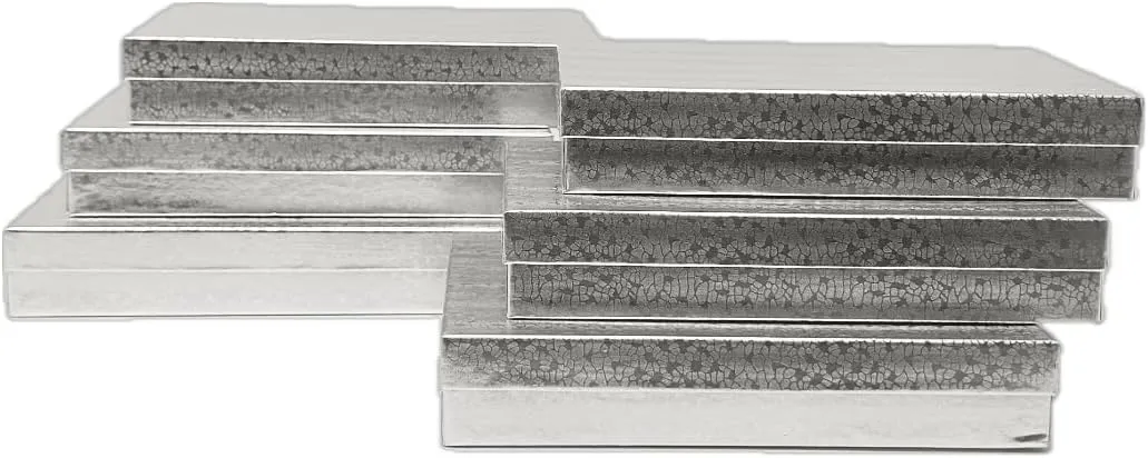 RJ Displays 6 Pack Silver Foil Paper Cotton Filled Lidded Jewelry Gift Box Jewelry Set Necklace, Belt Buckle, Pendant, Brooch, Bracelet, Bangle, anklet Size- 7" x 5" x1.25 inches