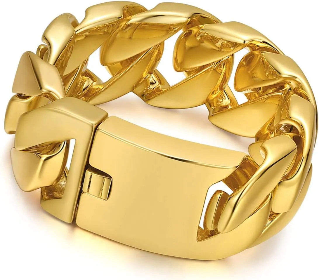 ROWIN&CO Jewelry Huge 32mm Mens Chunky Bracelet Heavy Sturdy 18K Yellow Gold PVD Plating Stainless Steel Cuban Chain with Box Clasp, 9.5 Inch/10.5 oz