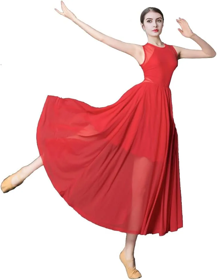 ROYAL SMEELA Women Lyrical Dance Dress Elegant Modern Contemporary Dance Costume Sleeveless Flowy Mesh Tulle Maxi Long Skirt